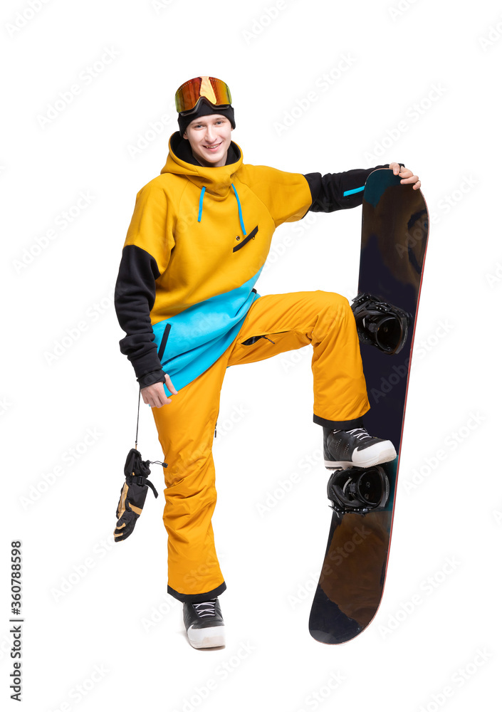 White isolated background with snowboard male snowboarder banner