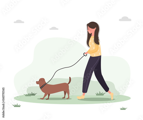 Young woman walks with dog through the woods. Concept happy girl in yellow dress with dachshund or poodle. Vector illustration in flat style.