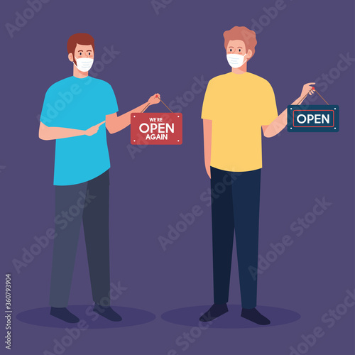 open again after quarantine, reopening of shop, men with label of we are open again vector illustration design