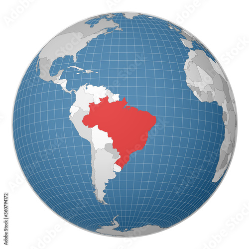 Globe centered to Brazil. Country highlighted with green color on world map. Satellite world projection. Vibrant vector illustration.