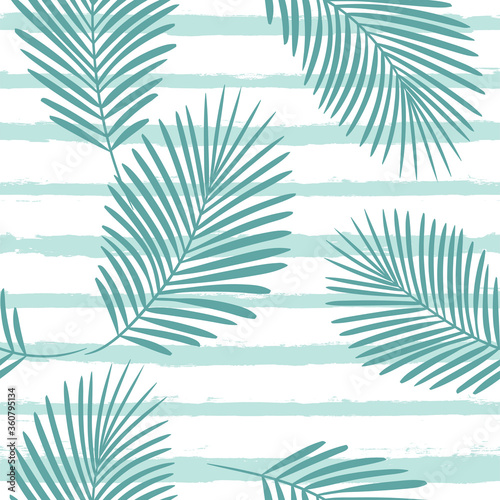 Tropical pattern, palm leaves seamless vector floral background. Exotic plant on sea stripes print illustration. Summer blue jungle print. Leaves of palm tree on paint lines.