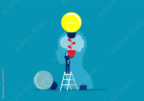 Business man in a suit holding a light bulb on top head human chang idea concept vector