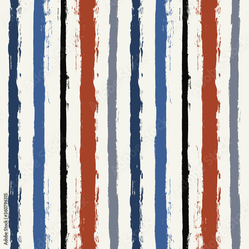 Hand drawn striped pattern, red and blue vertical stripe seamless background, watercolor brush strokes. vector grunge stripes, retro paintbrush line backdrop