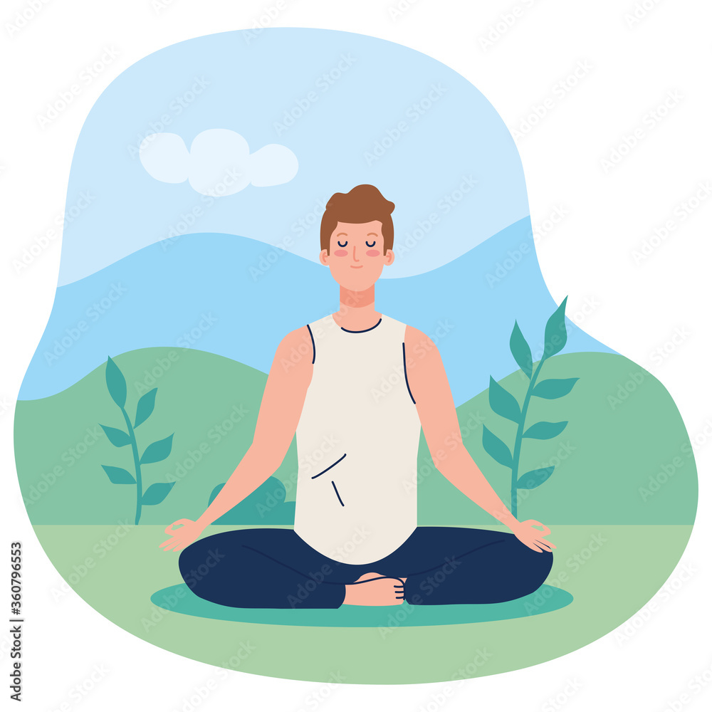 man meditating, concept for yoga, meditation, relax, healthy lifestyle in landscape vector illustration design