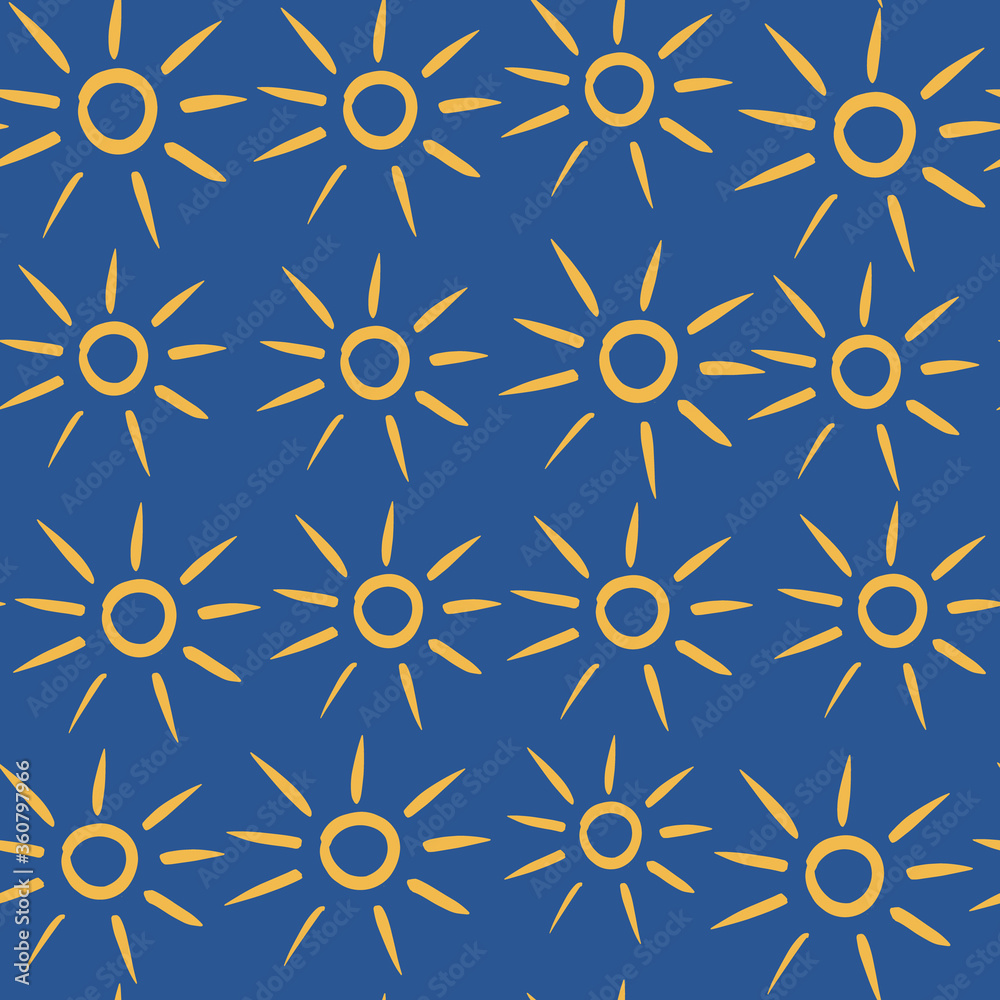 A yellow stylized sun pattern on an blue background. illustration for backgrounds, fabrics