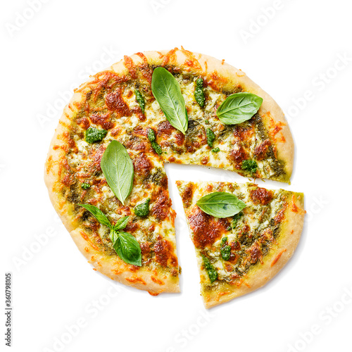 Fresh baked homemade pizza or pie with basil pesto sauce,mozzarella cheese and fresh basil leaves. top view .isolated on white background 