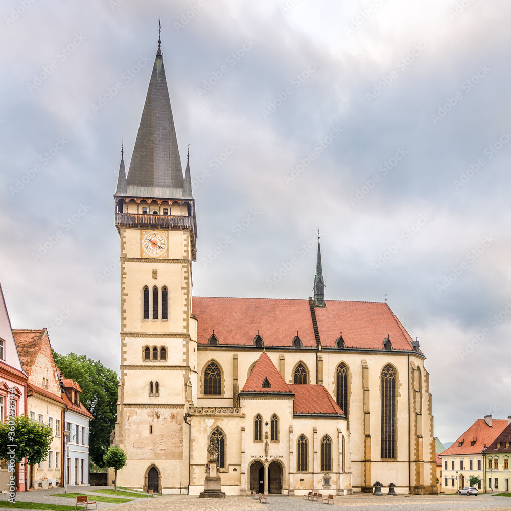 View at the Town hall place with Basilica of St.Aegidius and Town hall in Bardejov, Slovakia
