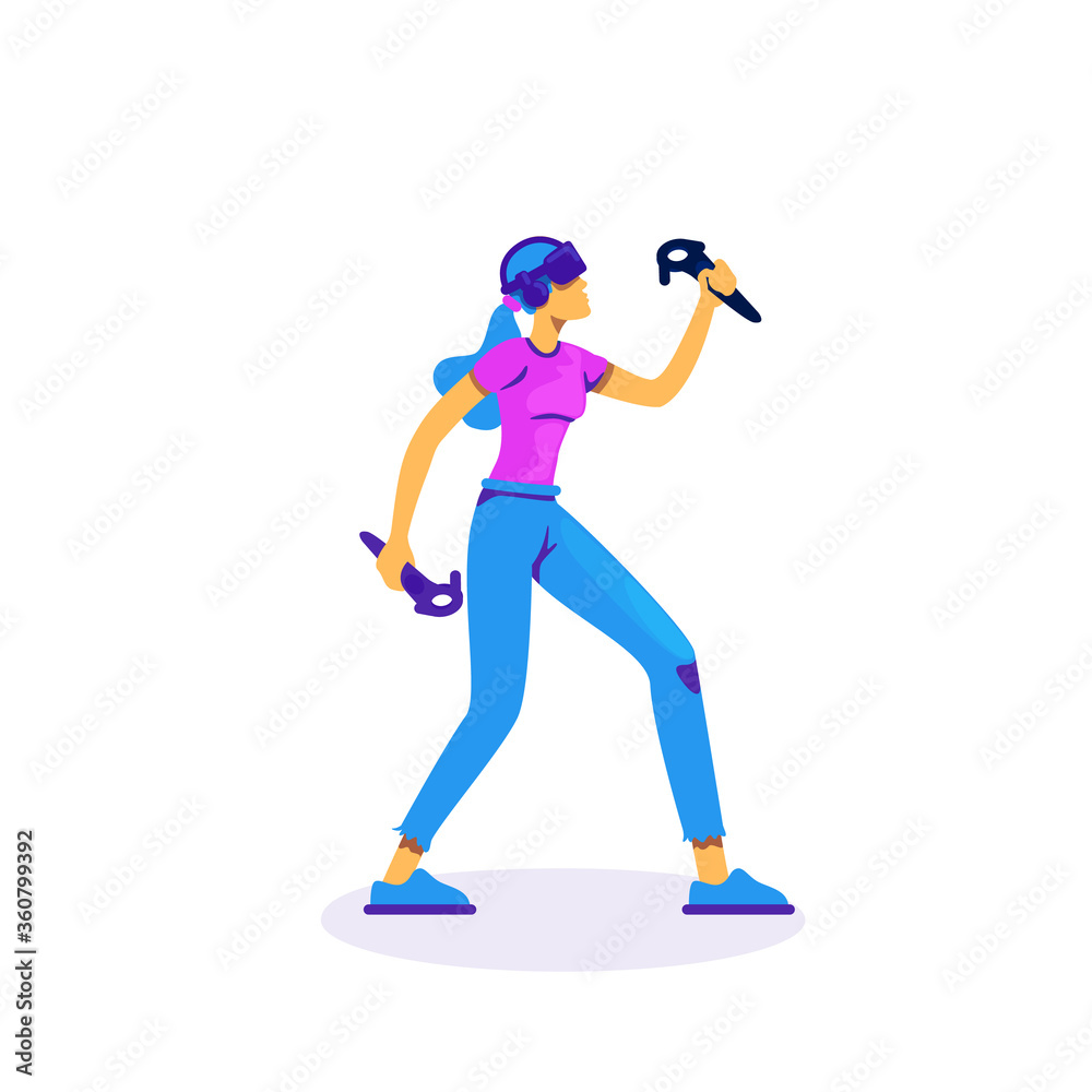 Woman play with VR controllers flat color vector faceless character