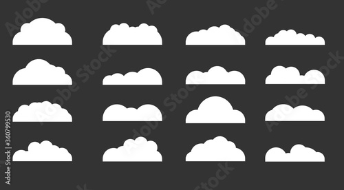 Set of diffenrent cloud icons in flat design isolated on black background. Cloud symbol for your web etc