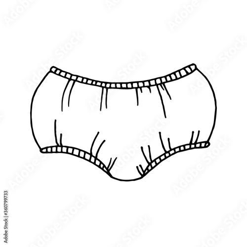 Hand drawn voluminous underpants shorts. Black and white vector illustration. Isolated on a white background.