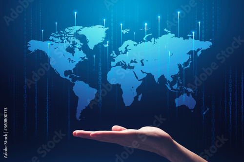 Global technologies. Collage with male hand, world map and computer binary code on blue background