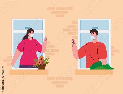 stay home, facade with window, people look out of home, self isolation, social distancing, keep distance, quarantine due of coronavirus, covid 19 illustration design