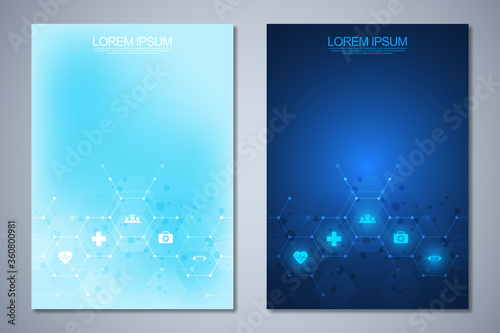 Template brochure or cover book, page layout, flyer design. Concept and idea for health care business, innovation medicine, pharmacy, technology. Medical background with flat icons and symbols.