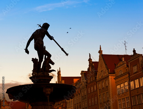 Neptune fountain in city center, Gdansk, Poland. 