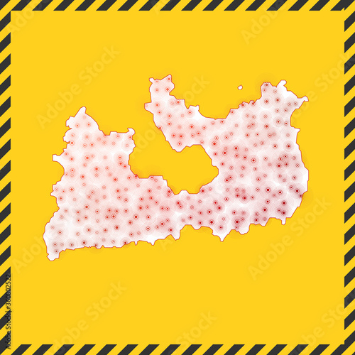 Milos closed - virus danger sign. Lock down island icon. Black striped border around map with virus spread concept. Vector illustration.