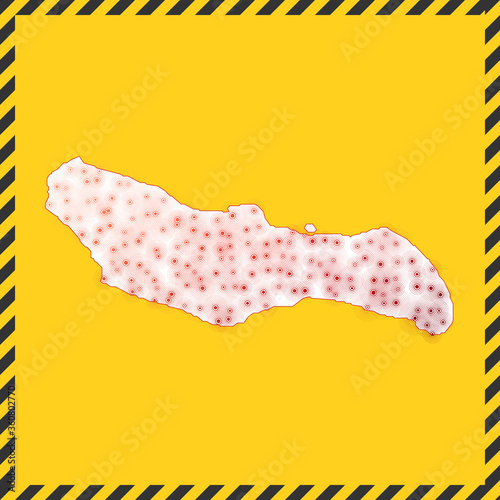 Saona Island closed - virus danger sign. Lock down island icon. Black striped border around map with virus spread concept. Vector illustration.