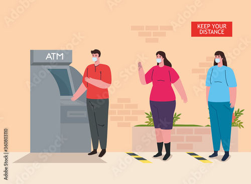 social distancing and coronavirus covid 19 prevention, maintain a safe distance from others when using atm vector illustration design