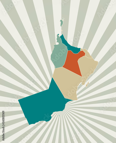 Oman map. Poster with map of the country in retro color palette. Shape of Oman with sunburst rays background. Vector illustration.