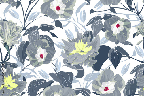 Art floral vector seamless pattern. Grey morning glory flowers, branches and leaves. Vector garden flowers isolated on white background. Endless pattern for wallpaper, fabric, textiles, accessories.