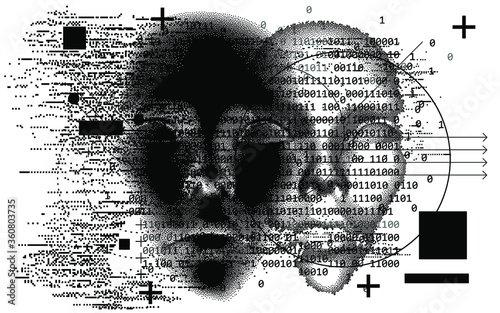 Abstract technology background with binary code and 3d face mask. Conceptual illustration of Artificial intelligence.