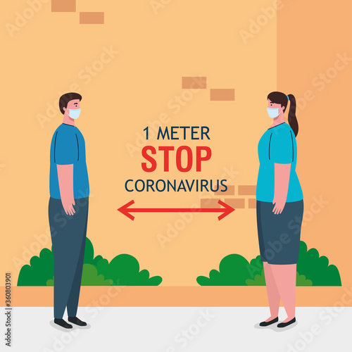 social distancing, stop coronavirus one meter distance, keep distance in public society to people protect from covid 19, couple wearing medical mask against coronavirus vector illustration design