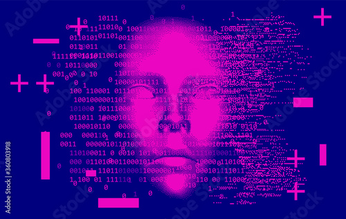 Abstract technology background with binary code and 3d face mask. Conceptual illustration of Artificial intelligence.