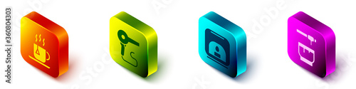 Set Isometric Cup of tea with tea bag, Hair dryer, Aroma lamp and Honey dipper stick and bowl icon. Vector
