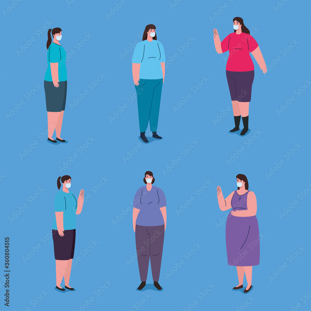 Fototapeta premium group women wearing medical protective mask against covid 19 vector illustration design