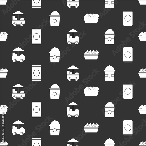 Set Chicken nuggets in box, Soda can with straw, Fast street food cart and Popcorn in box on seamless pattern. Vector