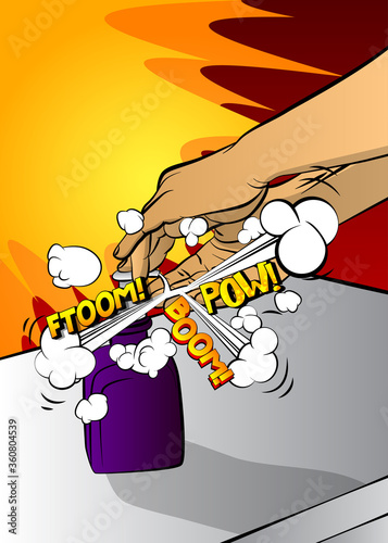 Man cleaning his hands with sanitizer gel. - Comic book style, cartoon man desinfecting his hands by washing it with antibacterial