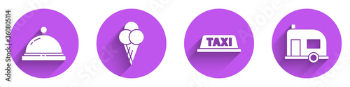 Set Hotel service bell, Ice cream in waffle cone, Taxi car roof and Rv Camping trailer icon with long shadow. Vector