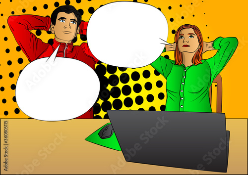 Pop Art Businesswoman and businessman relaxing from working at home - comic book style, calm cartoon woman and man with a laptop.