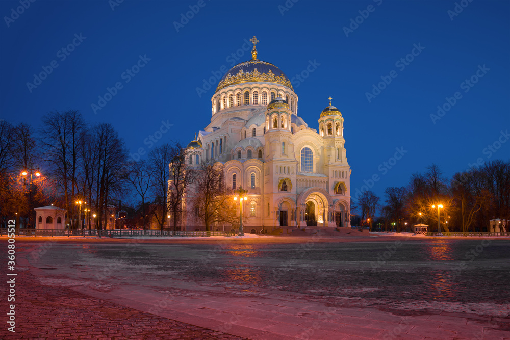 View of St. Nicholas the Wonderworker Cathedral on a March evening. Kronstadt, Russia