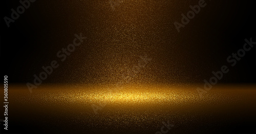 Luxury Gold glitter particles on black background. Golden glowing lights magic effects. Glow sparkles, vector illustration.