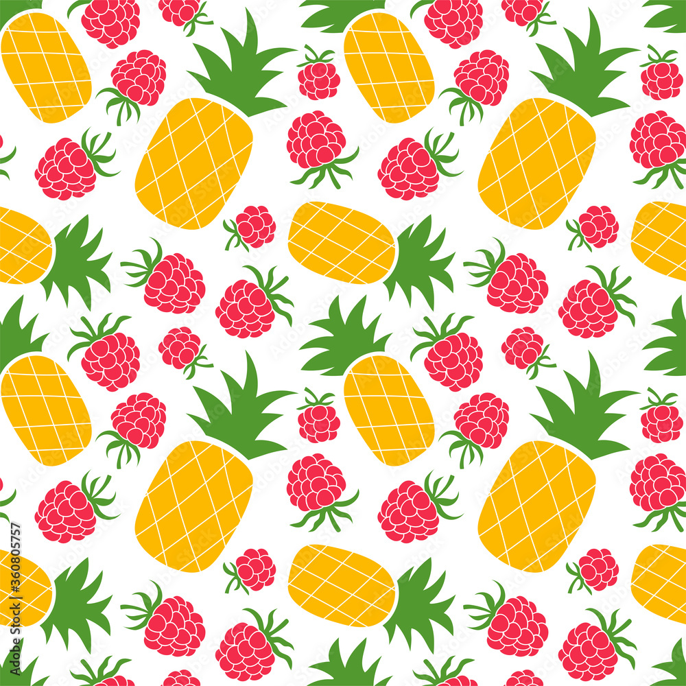 Raspberry and pineapple seamless pattern. Hand drawn fresh fruit. Vector sketch background. Color doodle wallpaper. Tropical print Raspberry and pineapple seamless pattern. Hand drawn fresh fruit. Vector sketch background. Color doodle wallpaper. Tropical print