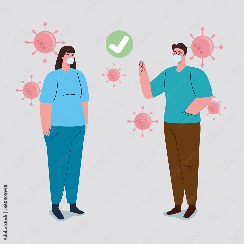 correct way, social distancing, keep distance in public society to people protect from covid 19, couple wearing medical mask against coronavirus vector illustration design correct way, social distancing, keep distance in public society to people protect from covid 19, couple wearing medical mask against coronavirus vector illustration design