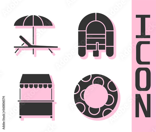 Set Rubber swimming ring, Sunbed and umbrella, Street stall with awning and Rafting boat icon. Vector