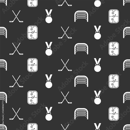 Set Ice hockey goal, Air hockey table, Ice hockey sticks and Medal on seamless pattern. Vector