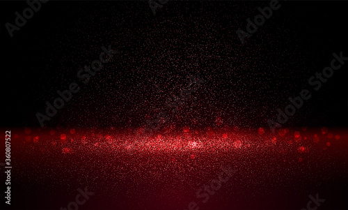 Luxury red gold glitter particles on black background. Red glowing lights magic effects. Glow sparkles, vector illustration.
