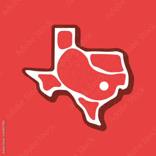 Steak Texas state logo. Vector retro black and red meat dishes logotype illustration. Graphic grill BBQ label, emblem, symbol. Premium beef restaurant badge