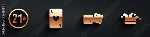 Set 21 plus, Playing card with heart, Game dice and Joker playing card icon with long shadow. Vector