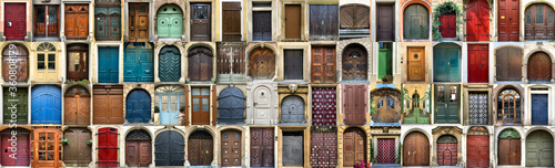 Collection of different retro style entrance doors, creative collage