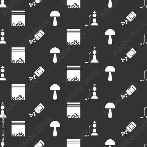 Set Hookah, Medicine bottle and pills, Plastic bag of drug and Psilocybin mushroom on seamless pattern. Vector