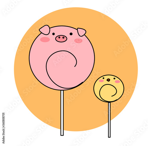 Pig and chick with lolipop
