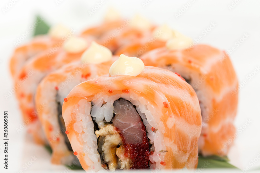 Original sushi roll fusion with various fillings. Original sushi roll fusion with various fillings.