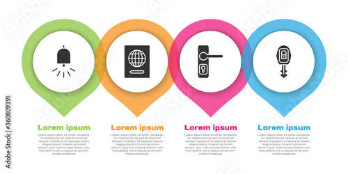 Set Ringing alarm bell, Passport, Door handle and Car key with remote. Business infographic template. Vector