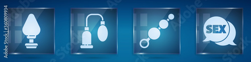 Set Anal plug, Penis pump, Anal beads and Speech bubble with Sex. Square glass panels. Vector
