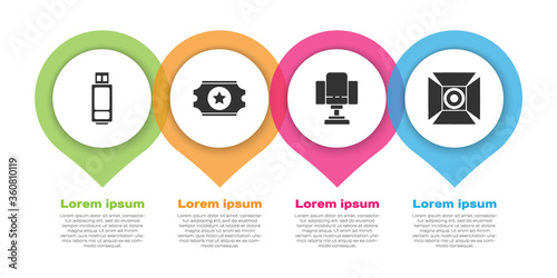 Set USB flash drive, Cinema ticket, Director movie chair and Movie spotlight. Business infographic template. Vector