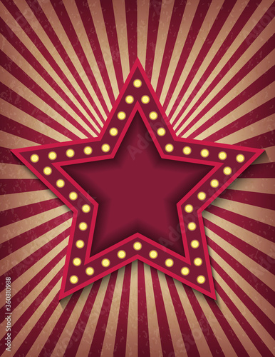Brightly glowing star retro cinema neon sign. Circus style show vertical banner template. Background vector poster image