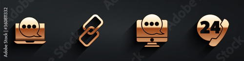 Set Chat messages notification on laptop, Chain link, Chat messages notification on monitor and Telephone 24 hours support icon with long shadow. Vector